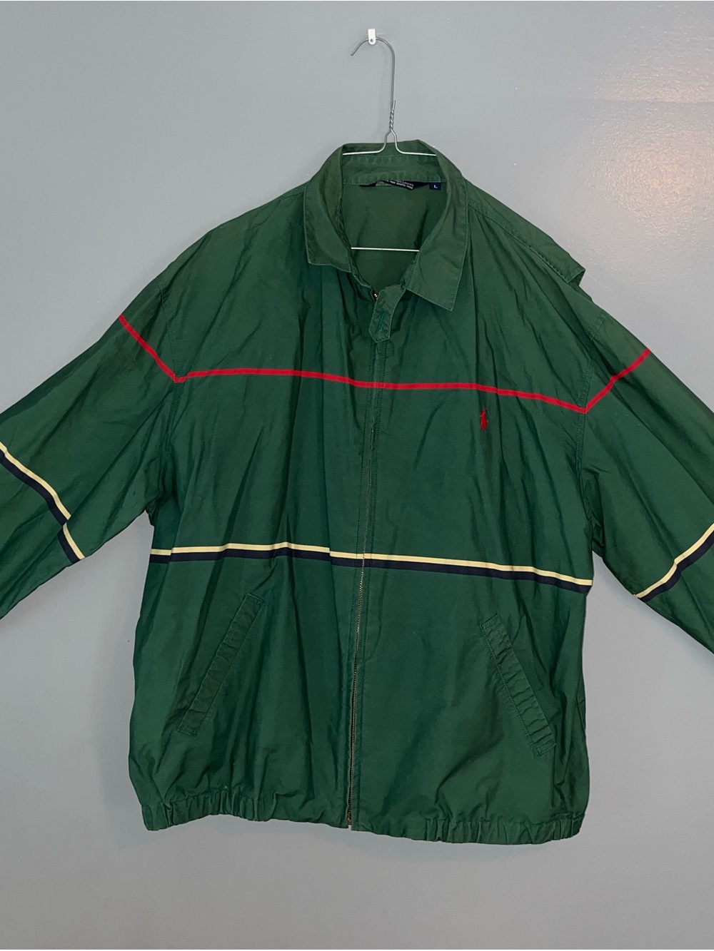 Polo by Ralph Lauren Green Windbreaker with Red & Cream Stripes